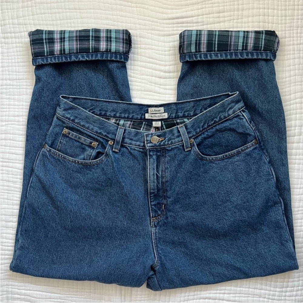 L.L. Bean Ultra High Rise 100% cotton flannel lined blue denim jeans -Size 14P